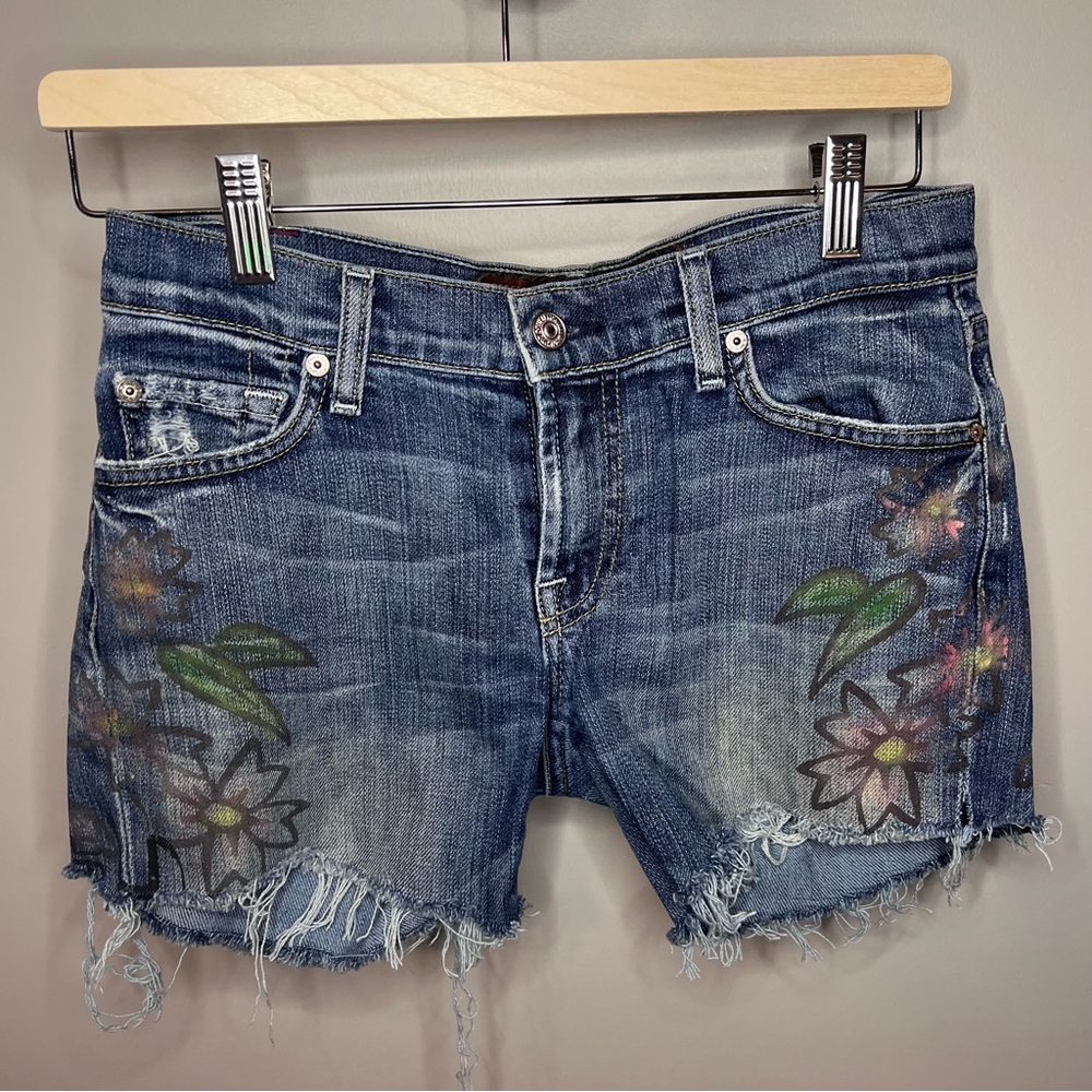7 For All Mankind Blue and Green Jean Shorts Distressed Frayed Hem